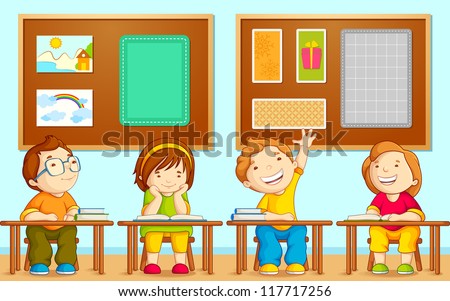 vector illustration of children sitting on table in school