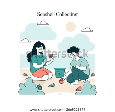 Vector illustration of children sitting on the beach, joyfully collecting seashells. The children are engaged and happy as they gather shells into a bucket, surrounded by the sea and sky.