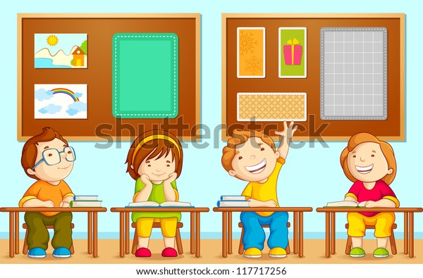 Vector Illustration Children Sitting On Table Stock Vector (Royalty ...