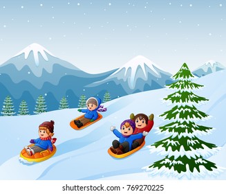 Vector illustration of Children sledding snow downhill 