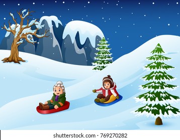 Vector illustration of Children sledding in snow downhill 