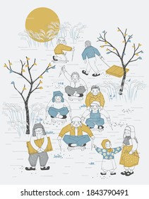 Vector illustration of children sledding in winter. The modern design of Korea. Design for Poster, card, picture frame, fabric, web design and print project