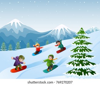 Vector illustration of Children snowboarding on the snow