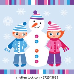 vector illustration children and snowman