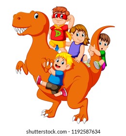 vector illustration of the children and some of them use the costume and they get into the Tyrannosaurus Rex's body and then some of them holding his tail