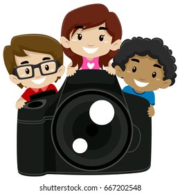 Vector Illustration of Children Standing behind a Big Digital Camera