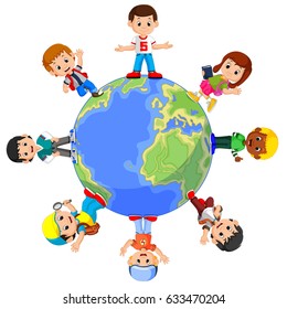 vector illustration of Children standing on globe