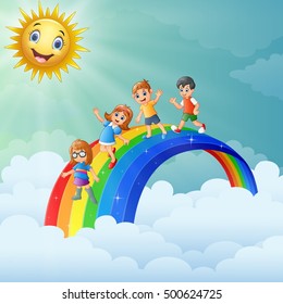 Dibujo vectorial de niños parados encima del arco iris con carácter sonriente 