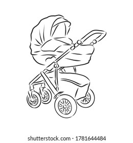 Vector illustration of children strollers on white background. baby stroller, vector sketch illustration