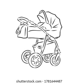 Vector illustration of children strollers on white background. baby stroller, vector sketch illustration