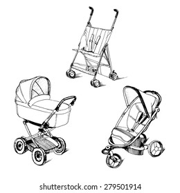 Vector illustration of children strollers on white background