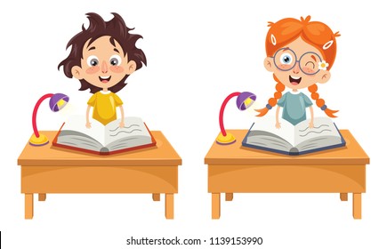 Vector Illustration Of Children Studying