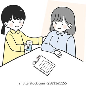 Vector Illustration of children supporting family members who take medications.Illustration material of a child who helps with housework, Young carer.