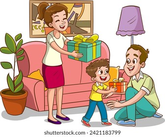 Vector illustration of children surprise their father and give a gift.