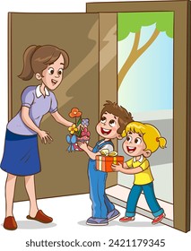 Vector illustration of children surprising their mothers and giving them a bouquet of flowers.
