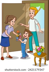 Vector illustration of children surprising their mothers and giving them a bouquet of flowers.