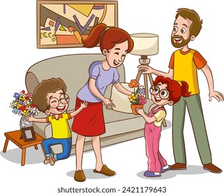 Vector illustration of children surprising their mothers and giving them a bouquet of flowers.