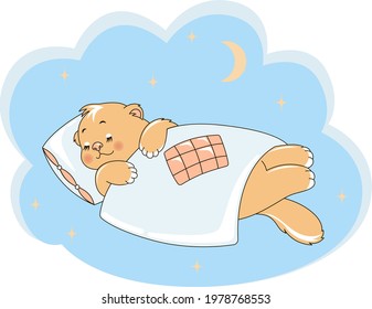 Vector illustration for children. Sweet cute sleeping otter baby. Cartoon animal character for childish card , poster,  birthday invitation, t-shirt print