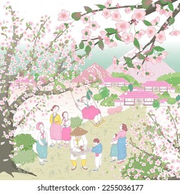 Vector illustration of children swinging under a cherry tree and people in the neighborhood watching flowers. The modern design of Korea. Design for Poster, card, picture frame, fabric, and web design