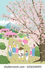 Vector illustration of children swinging under a cherry tree and people in the neighborhood watching flowers. The modern design of Korea. Design for Poster, card, picture frame, and web design	