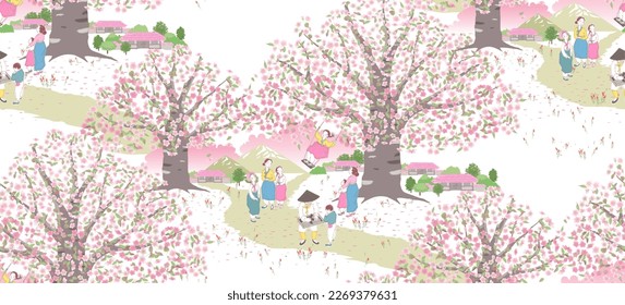 Vector illustration of children swinging under a cherry tree in spring. People in the neighborhood are also depicted watching the flowers. 