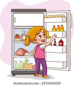 vector illustration of children taking drink from refrigerator