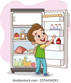 vector illustration of children taking drink from refrigerator