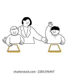 Vector illustration of children and teacher studying on a tablet. He raises his hand and asks the teacher a question.