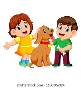 vector illustration of children with their pet dog