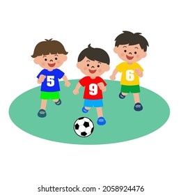 Vector illustration of children three boys playing football. Children  Running after a soccer ball.