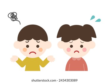 Vector illustration of children in trouble. Boy and girl with troubled faces. White background.