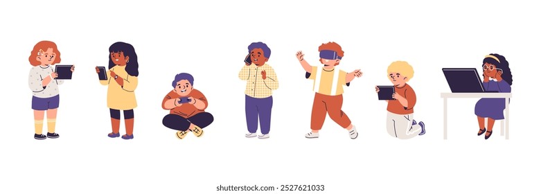 Vector illustration of children using digital gadgets. Characters with tablets, smartphones, laptop and virtual reality glasses. Children's digital habits. Flat style. Isolated on background.