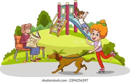 vector illustration of children walking dog in park