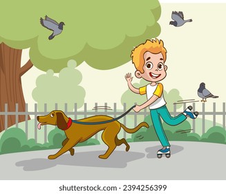 vector illustration of children walking dog in park