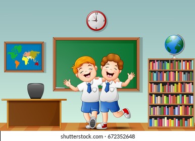 Vector illustration of children waving hand in the front of classroom with embrace each other