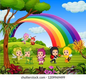 vector illustration of the children wearing cute animal costumes