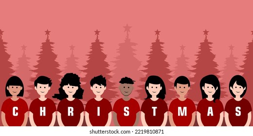 vector illustration of children wearing red t-shirts with the words World Christmas Day written on them. world map and christmas tree