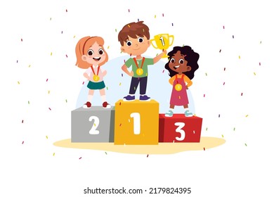 A vector illustration of Children in a Winning Podium Holding Trophy and Medals 