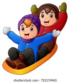 Vector illustration of Children in winter clothes playing a sledge