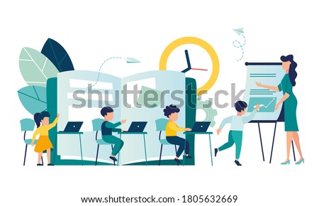 Vector illustration with children working on computers, teacher teacher, Children learn to coding banner, informatics lesson in class, people working on laptops