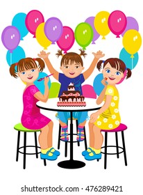 Vector Illustration. Children's birthday party. Three girls sitting at the banquet table on which stands the cake and celebrate a birthday in a cafe on the background of balloons.