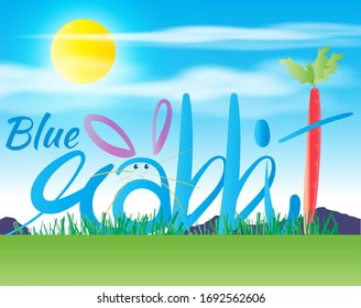 vector illustration for children's book coverage with free hand calligraphic text blue rabbit.