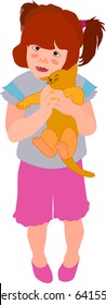 vector illustration for a children's book or greeting card, little girl gently holding a kitten