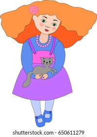 vector illustration for a children's book or greeting card girl holding a little kitten