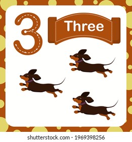 vector illustration of a children's card with number three. The worksheet learns to count and write.