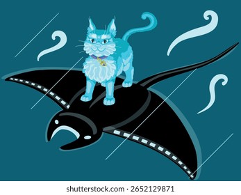 Vector illustration of children's cartoon character -  cat flying on a stingray with magic pendant with space inside on his collar