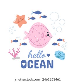 Vector illustration from a children's cartoon with a cute pink fish and text - hello ocean. Marine animals, underwater life. Graphic children's print isolated on a white background