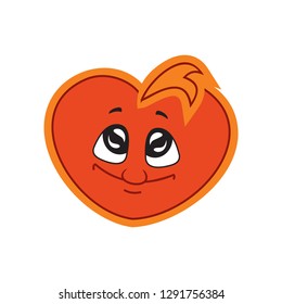 The vector illustration of the children's character heart the boy smiles and looks up. Fiery flame of love in the children's picture of the animation character.