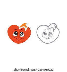 The vector illustration of the children's character heart the boy smiles and looks up.Set of vector symbols. Fiery flame of love in the children's picture of the animation character. Flat design Monoh