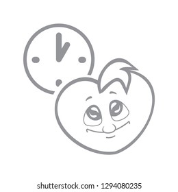 The vector illustration of the children's character heart the boy looks at the watch on a wall.Set of vector symbols. It is necessary to manage to love. Time hurries and does not wait. Flat design Mon